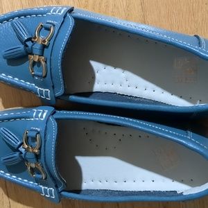blue faux leather flats